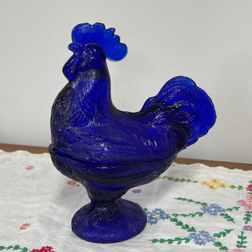 Vintage Cobalt Blue Glass Rooster Candy Dish Pedestal Chicken Figurine HON MCM